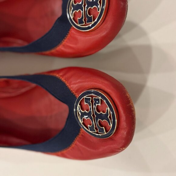 Tory Burch Caroline Ballet Flats Size 7- Acai Red/French Blue - Picture 2 of 8